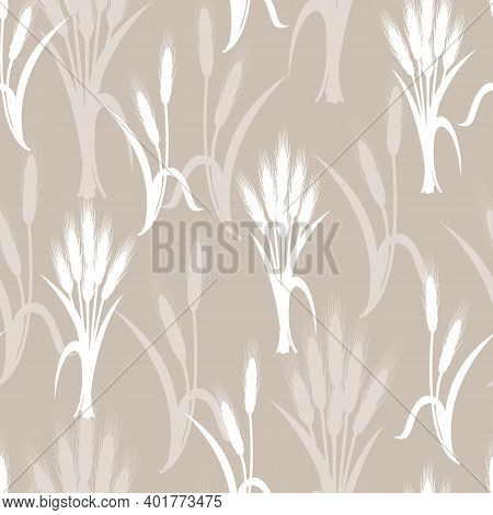 Vector Earth Nuteral Colored Grain Wheat Seamless Pattern Background. Good Use For Fabric, Wallpaper
