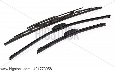 Pair Of New Modern Frameless Car Windshield Wipers Blades Different Lengths Against A Single Traditi