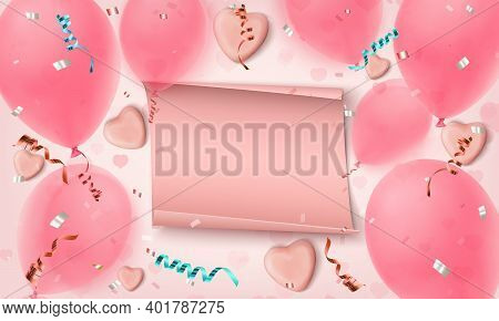 Abstract Pink Background With Paper Banner, Candy Hearts, Balloons, Konfetti And Ribbons.