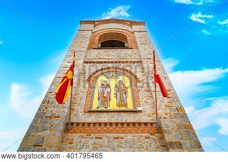 Ohrid, North Macedonia, Close-up St. Clement Church At Plaosnik Site With Flags And Mosaic Icon On T
