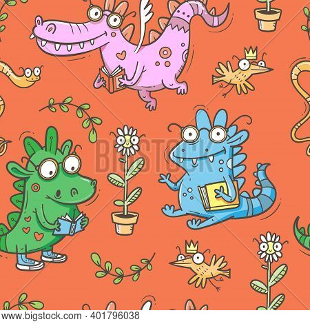 Seamless Pattern With  Cute Smart Dragons On Red Background. Funny Crocodiles Wallpaper. Reading Rep