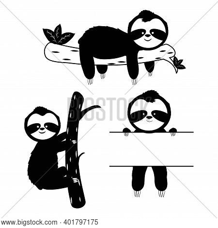 Set Of Cute Silhouette Sloths Isolated On White Background In Cartoon Style. Hanging On Brunch, Fram