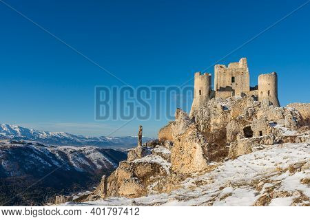 Norman Castle Rocca Calascio In The Gran Sasso And Monti Della Laga National Park, Mountain Landscap