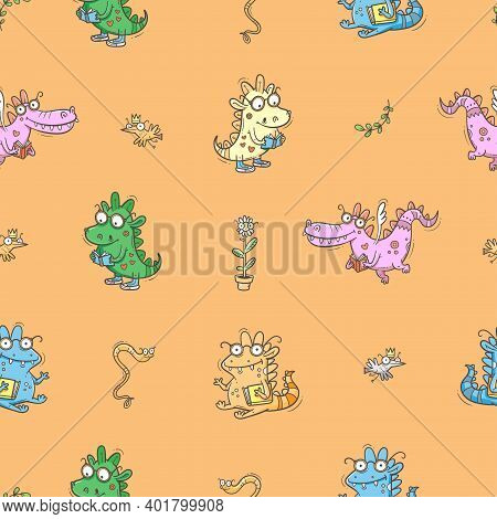Seamless Pattern With  Cute Smart Dragons On Orange Background. Funny Crocodiles Wallpaper. Reading 