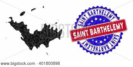 Saint Barthelemy Map Polygonal Mesh With Filled Triangles, And Distress Bicolor Stamp Imitation. Tri
