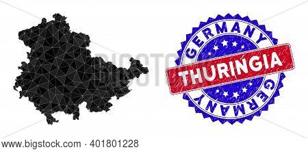 Thuringia Land Map Polygonal Mesh With Filled Triangles, And Scratched Bicolor Stamp Seal. Triangle 