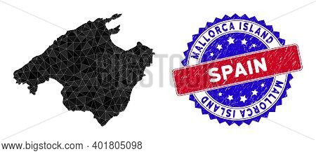 Spain Mallorca Island Map Polygonal Mesh With Filled Triangles, And Unclean Bicolor Stamp Print. Tri