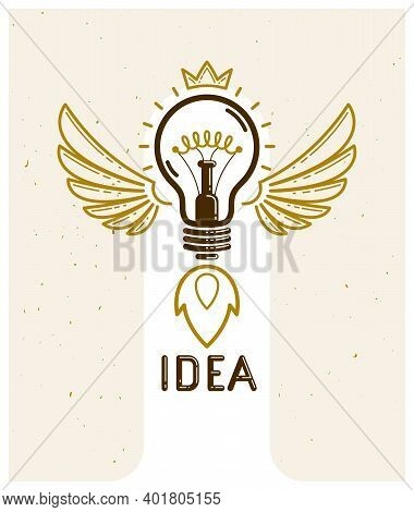 Idea Light Bulb With Wings Launching Like A Rocket Vector Linear Logo Or Icon, Creative Idea Startup