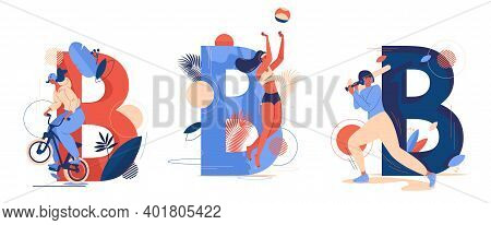 Various Sport Activities With Capital Letter B On Background. Concept Scenes With Women Training Bas