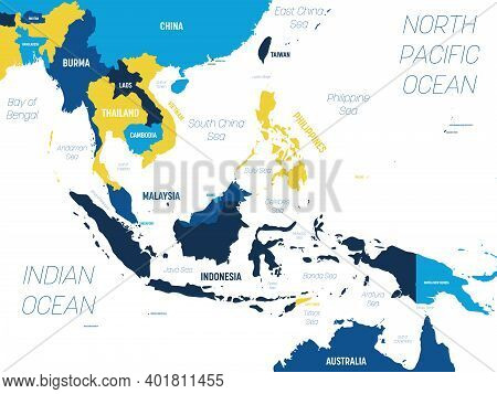 Southeast Asia Map - Brown Orange Hue Colored On Dark Background. High Detailed Political Map Of Sou