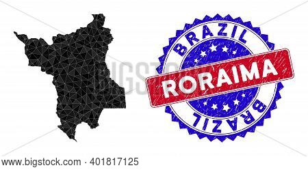 Roraima State Map Polygonal Mesh With Filled Triangles, And Rubber Bicolor Stamp Print. Triangle Mos