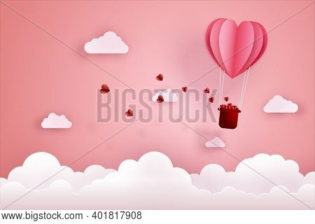 Paper Cut Art And Digital Craft Style Of Love And Valentine Concept. Origami Of Hot Air Balloon Flyi