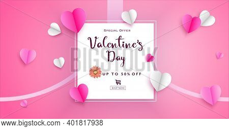 Paper Cut Art Of Hearts With White Frame. Sale Banner Or Greeting Card. Valentines Day Background Co