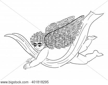 Flying Angel With Ribbon, Stock Vector Illustration For Design And Decor, Black Outline Isolated On 