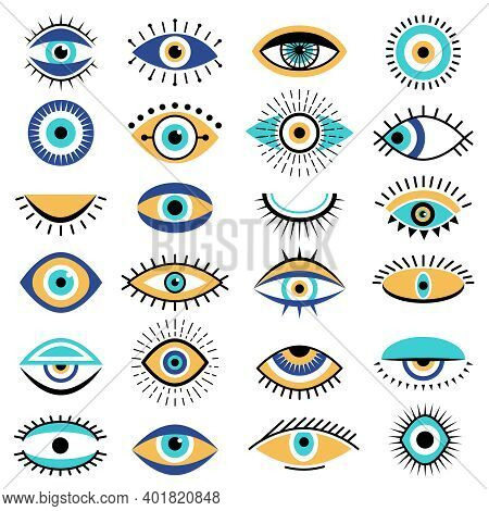 Evil Eyes Symbols. Illuminati Tattoo Graphic Sketch Hipster Ethnic Traditional Vector Pictures. Illu