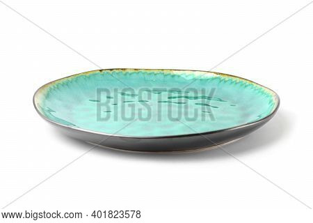 Empty Ceramic Plate Of Delicate Bed Aquamarine Turquoise Color With A Gold Border Isolated On A Whit