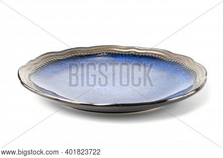 Empty Ceramic Plate Of Delicate Pastel Blue Color With A Gold Border Isolated On A White Background,