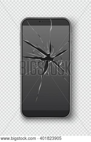 Cracked Smartphone Screen. Broken Mobile Telephone Scratch Glass Decent Vector Realistic Picture. Sc