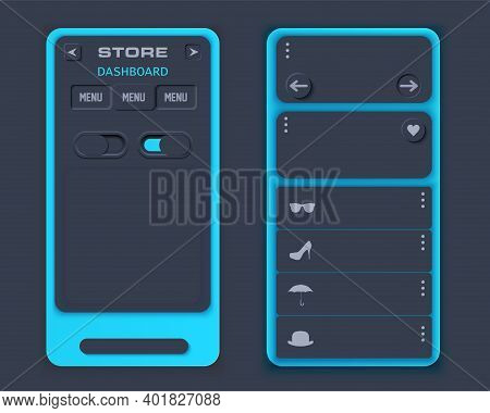 Neumorph Design On Layout Screen. Shop Landing Ui Kit. Dark Color Set. Skeuomorph Trend Design. Work
