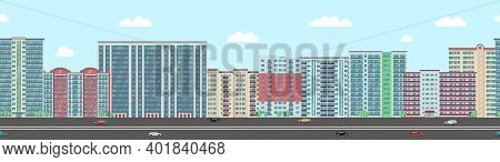 Urban District Panorama. Modern Town, Apartment Buildings Or Real Estate Background. Flat Houses And