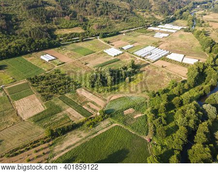 Aerial View Of Strumeshnitsa River Passing Through The Petrich Valley, Bulgaria