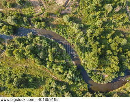 Aerial View Of Strumeshnitsa River Passing Through The Petrich Valley, Bulgaria