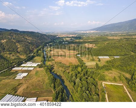Aerial View Of Strumeshnitsa River Passing Through The Petrich Valley, Bulgaria