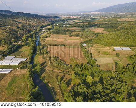 Aerial View Of Strumeshnitsa River Passing Through The Petrich Valley, Bulgaria