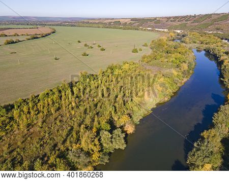 Aerial Autumn View Of Yantra River, Passing Near The Town Of Byala, Ruse Region, Bulgaria
