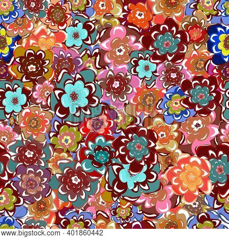 Childrens Pattern Flowers. Seamless Floral Dense Pattern. Bright Multi-colored Flowers. Bright Blue 