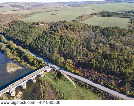 Aerial Autumn View Of Yantra River, Passing Near The Town Of Byala, Ruse Region, Bulgaria