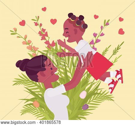 Mom, Baby Daughter, Female Health In Happy Black Family. Mother Tossing Child, Emotional Bonds, Love