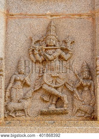 Hampi, Karnataka, India - November 4, 2013: Hazara Rama Temple. Closeup Of Beige Stone Sculptures Of