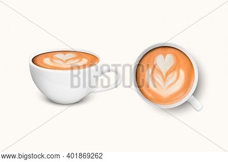 Vector 3d Realistic White Porcelain Ceramic Mug. Milk Coffee, Foam, Heart, Flower Pattern Set Isolat