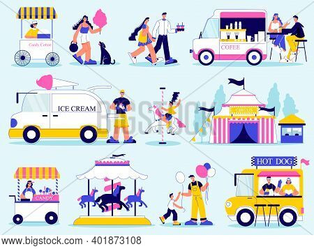 Funfair Amusement Park Color Set With Isolated Doodle Characters With Attractions And Vans Selling J