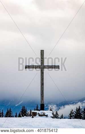 Cross In The Snow. Wooden Religious Cross In Winter. Les Pleiades, Switzerland. Tranquil Scene.