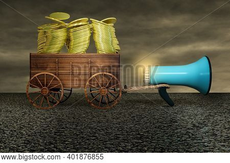 A Loudspeaker Dragging A Farm Cart Of Gold Money Coin Stack On Asphalt In A Sunset Day. Promote Your