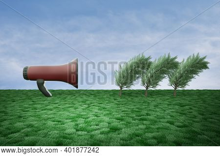 A Loudspeaker Blows Loudly Against The Trees On Grass In A Blue Sky. Social Media Marketing Or Refer