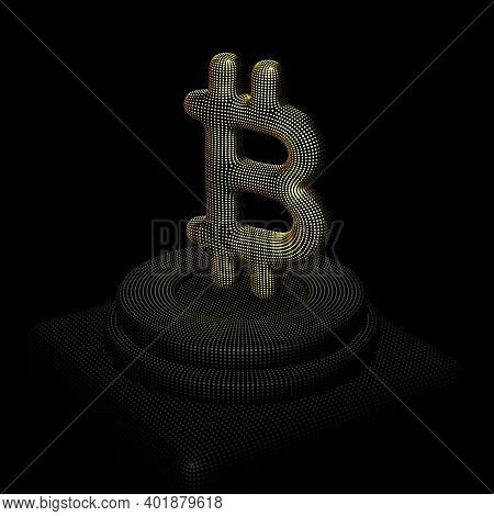Golden 3d Bitcoin Sign Standing On Pedestal. Concept Of Blockchain Technology, Crypto Investment Bus