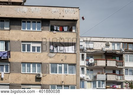 Residential buildings in Sarajevo with bullet holes and marks of the war in Sarajevo, Bosnia and Herzegovina