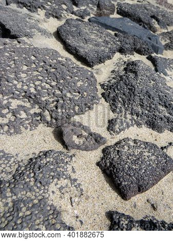 Aerial View Of Volcanic Black Rocks In The Sand. Porous Lava Stones Of Different Sizes In The Sand. 
