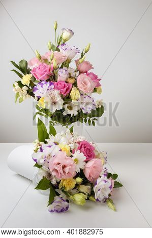 Mock Up Two Bouquets Of Different Sizes Of Roses, Daisies, Lisianthus, Chrysanthemums, Unopened Buds