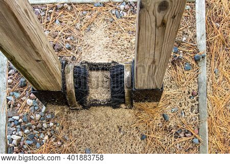 Stop Invasive Species. Boot Brush For Hikers At A Trailhead In The Hiawatha National Forest. The Bru