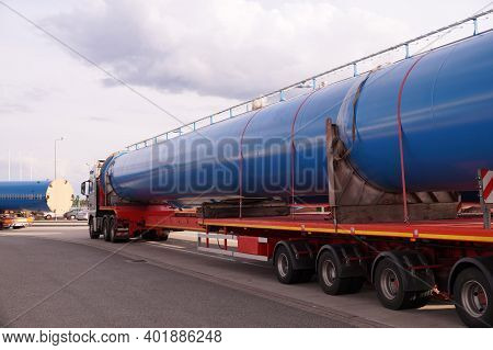 A Truck With A Special Semi-trailer For Transporting Oversized Loads. Oversize Load Or Exceptional C