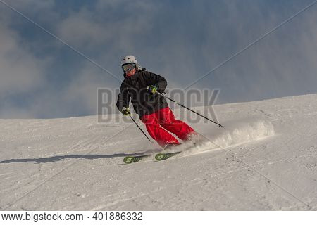 Grandvalira, Andorra: 2021 January 03: Young Man Skiing In The Pyrenees At The Grandvalira Ski Resor