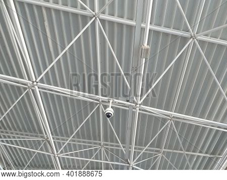 360 Degree Surveillance Camera On White Ceiling. Security Camera Close Up. Security Camera Or Cctv W