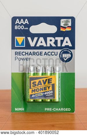 Pruszcz Gdanski, Poland - October 9, 2020: Varta Recharge Accu Power Nimh Aaa Battery.