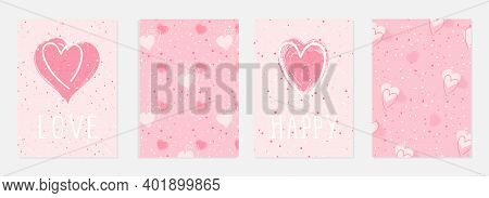 Valentine Day Cards With Watercolor Hearts,  Grunge Elements And Hand Drawn Lettering. Vector Backgr