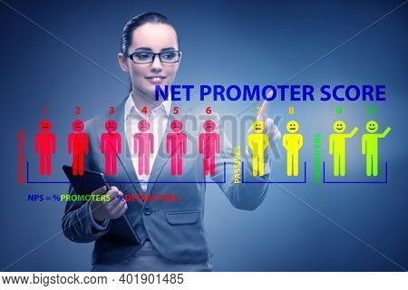 Net Promoter Score NPS concept with businesswoman pressing virtu