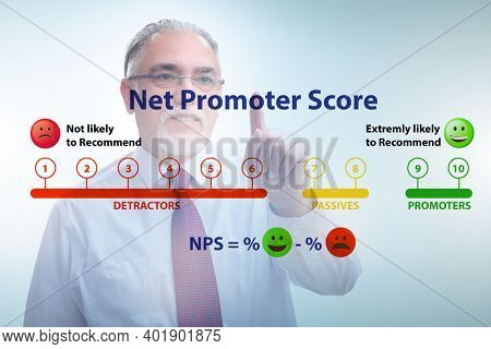 Net Promoter Score NPS concept with businessman pressing virtual